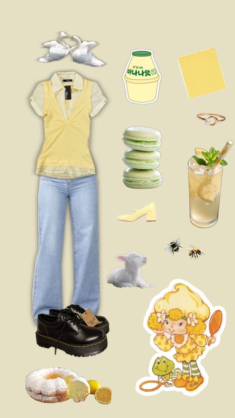 #yellow #yellowaesthetic #primavera #spring #springoutfit #springaesthetic #shortcakegirls #lemonmeringue #lemonmeringueaesthetic #lemonmeringue #pompompurinfit #flan #custard #caramelcustard #crèmecaramel Blue And Yellow Aesthetic Outfit, Yellow Aesthetic Clothes, Aesthetic Yellow Outfits, Ocs Design, Flower Outfits, Sunflower Outfit, Study Outfit, Nerdy Outfits, Academia Outfits