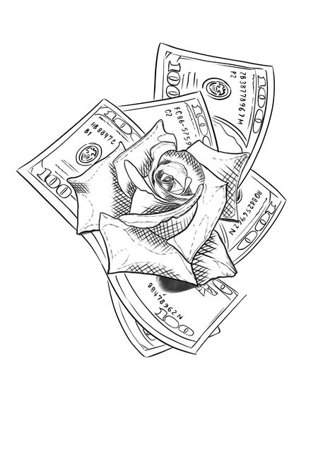 Cute Money Tattoo, Money Rose Tattoo Stencil Outline, Cards Tattoo Stencil, Money Rose Tattoo Stencil, Money Stencil, Money Tattoo Designs, Money Rose Tattoo, Dollar Tattoo, Chest Tattoo Stencils