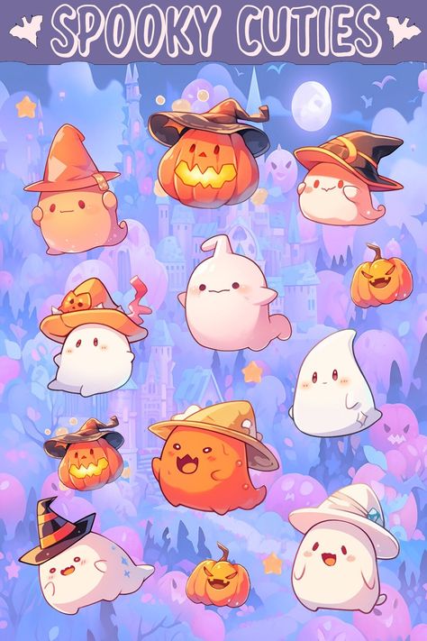 A spooky cutie kawaii ghost sticker sheet offers a playful and charming assortment of stickers featuring adorable, ghostly characters with a Halloween-themed twist.  These stickers add a fun and slightly eerie touch to your decorations, scrapbooks, or personal items, perfect for those who love the whimsy of Halloween with a cute twist. Use them on your journal, planner, stationary, phone, and more! Product printed on Waterproof Matte Vinyl sticker paper and then covered with a high quality  wate Sticker Theme Ideas, Spooky Graphic Design, Halloween Sticker Ideas, Cute Horror Art, Cute Halloween Stickers, Spooky Illustration, Kawaii Spooky, Kawaii Ghost, Ghost Cute