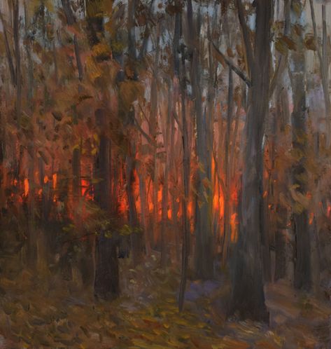 Sun Through Trees Painting, Sunset Forest Painting, Painting A Day, Forest Sunset, Sunrise Painting, Watercolor Sunset, Dramatic Lighting, Forest Painting, Daily Painting