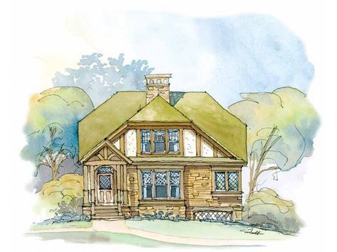 Tudor House Plan with 1319 Square Feet and 2 Bedrooms from Dream Home Source | House Plan Code DHSW42729 Tudor Cottage House Plans, Tudor Design, Tudor Style House, Tudor House Plans, Two Sided Fireplace, Tudor Cottage, European House Plans, Shingle Exterior, Tudor Style Homes