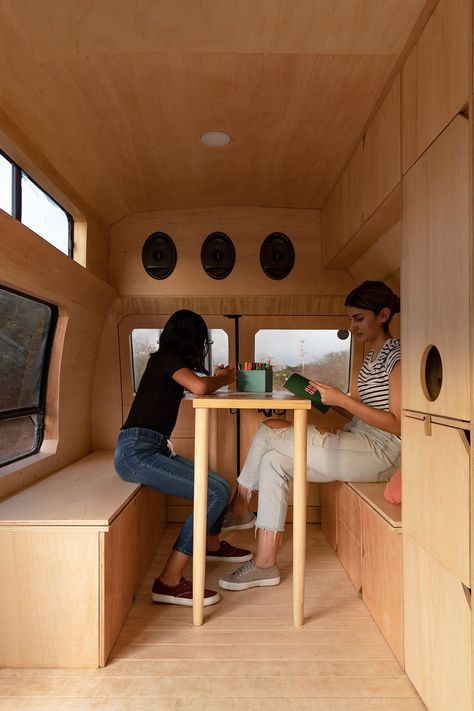 Plywood furniture turns 1990s van into mobile home for Ecuadorian couple Chevy Camper Van, Wooden Interior, Plywood Interior, Vw Lt, Van Conversion Interior, Build A Camper Van, Vintage Airstream, Build A Camper, Van Life Diy