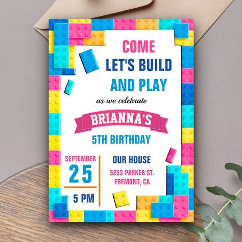 $3.08 | Colorful Bricks Building Blocks Birthday Party #building blocks, birthday, party, kids, fun, unique, toys, cute, girls, pink Girl Lego Birthday Party, Lego Invite, Colorful Birthday Party Invitations, Party Building, Block Birthday Party, Lego Invitations, Lego Girls, Colorful Birthday Party, Lego Birthday Party