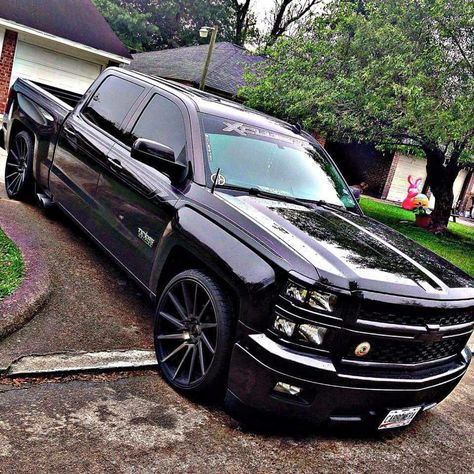 Blacked out. Dropped Jeep Pickup Truck, Chevy Trucks Silverado, Silverado Truck, Lowrider Trucks, Dropped Trucks, Lowered Trucks, Custom Chevy Trucks, Chevy Pickup Trucks, Jeep Pickup