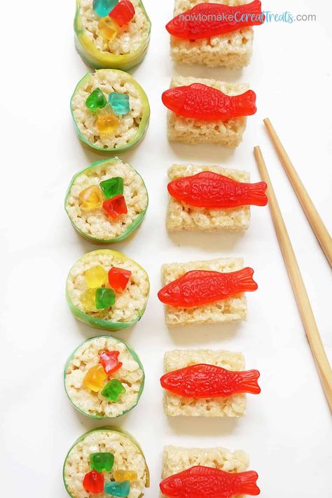 Sushi For Kids, Candy Sushi, Maki Sushi, Easy Rice, Sushi Party, Krispie Treats Recipe, Cereal Treats, Kawaii Cooking, Snacks To Make