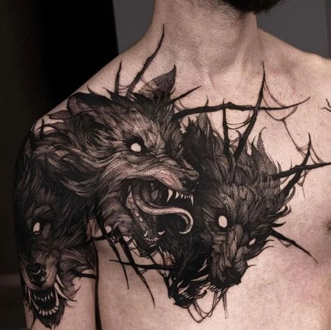 Demon Shoulder Tattoo, Demon Back Tattoo, Cerberus Tattoo, Fenrir Tattoo, Satanic Tattoos, Backpiece Tattoo, Wolf Tattoo Sleeve, Demon Tattoo, Chest Piece Tattoos