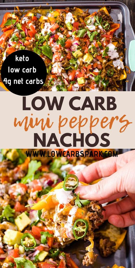 Low Carb Nachos with Mini Peppers - 6g Carbs Low Carb On The Go Lunch, Low Carb Inspirations, Keto Snacks Recipes, Low Carb Meals And Snacks, Loaded Peppers, Low Or No Carb Meals, Low Carb Pot Luck Dishes, Keto Mini Pepper Recipes, Keto Game Day Food