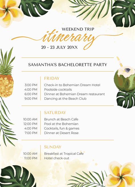 Event Itinerary, Itinerary Template Free, Google Docs Templates, Bachelorette Itinerary, Dream Hotels, Docs Templates, Fruits Images, Beach Cafe, Itinerary Template