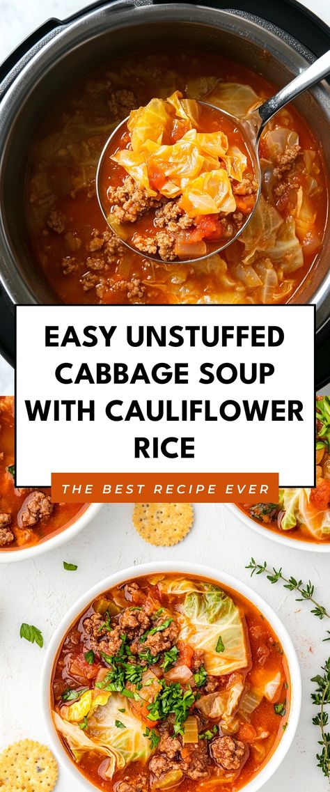 Image for Easy Unstuffed Cabbage Soup with Cauliflower Rice Soup With Cauliflower Rice, Cauliflower Rice Soup, Soup With Cauliflower, Unstuffed Cabbage Soup, Cabbage Rice, Stews Recipes, Unstuffed Cabbage, Rice Dinner, Cauliflower Soup