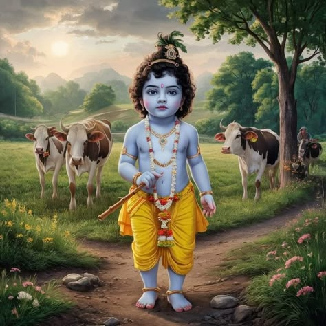 Aesthetic Lord Krishna, Little Krishna With Cow, Radha Krishna Wallpaper Full Hd, Lord Krishna Aesthetic, Jay Hind, Janmashtami Photos, Prophetic Painting, Krishna Flute, Shree Krishna Wallpapers