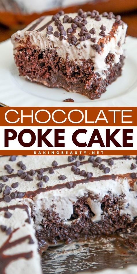 This rich, fudgy chocolate cake is topped has a decadent filling and wonderfully creamy topping.  It is so easy to make, too. If you like chocolate you are going to love this cake. Poke Cake Recipe, Chocolate Poke Cake, Decadent Chocolate Desserts, Easy Chocolate Desserts, Chocolate Whipped Cream, Poke Cake Recipes, Poke Cakes, Rich Chocolate Cake, Chocolate Cakes