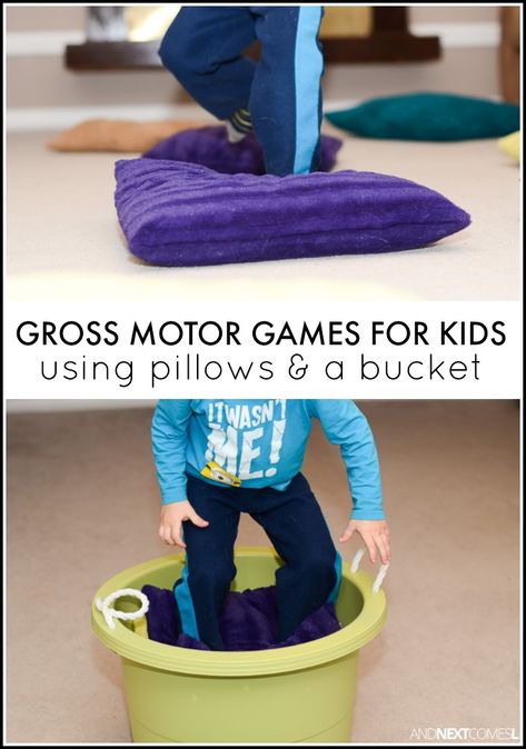 8 gross motor activities for kids using pillows & a bucket - great boredom buster ideas from And Next Comes L Gross Motor Activities For Infants, Motor Activities For Infants, Gross Motor Activities For Kids, Activities For Infants, Pediatric Physical Therapy, Physical Activities For Kids, Gross Motor Activities, Educational Activities For Kids, Boredom Busters