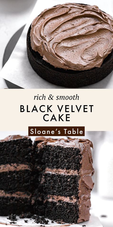 This black velvet cake has all of the best qualities of red velvet cake - velvety smooth texture, light crumb, and irresistible flavor - but with an intensified chocolate flavor and color. Chocolate Red Velvet Cake, Chocolate Velvet Cake, Black Cake Recipe, Black Velvet Cake, Black Velvet Cakes, Fudgy Cake, Box Cake Recipes, Paris Bakery, Cookies Box