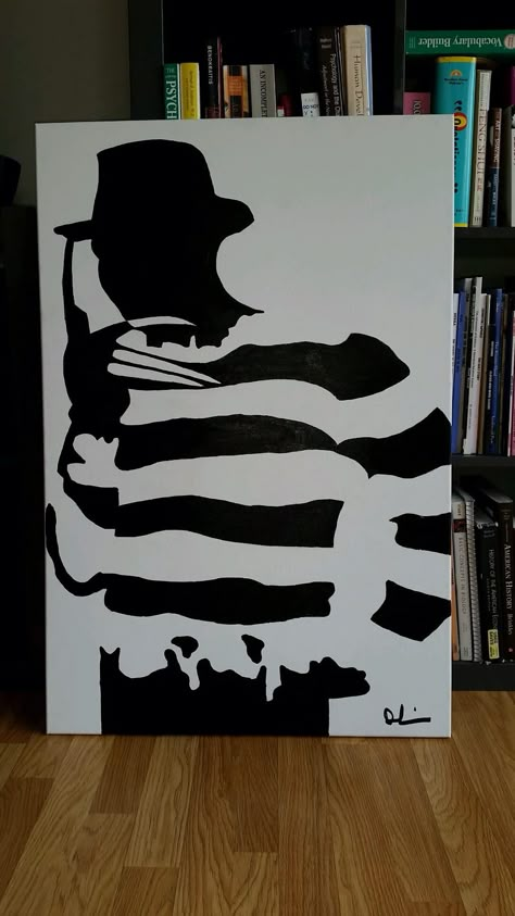 Painted for my sister for her bday! @ilovejaxandry super easy!! Googled silhouette of Freddy krueger, bought canvas from hobby lobby, already had black paint! Love you D'Ann!!! Freddy Krueger Canvas Painting, Micheal Myers Painting Canvas, Horror Paintings Easy Canvas, Scary Canvas Painting Ideas, Scary Halloween Paintings On Canvas, Freddy Krueger Drawing Easy, Scary Movie Paintings, Chucky Painting Canvas, Halloween Aesthetic Painting