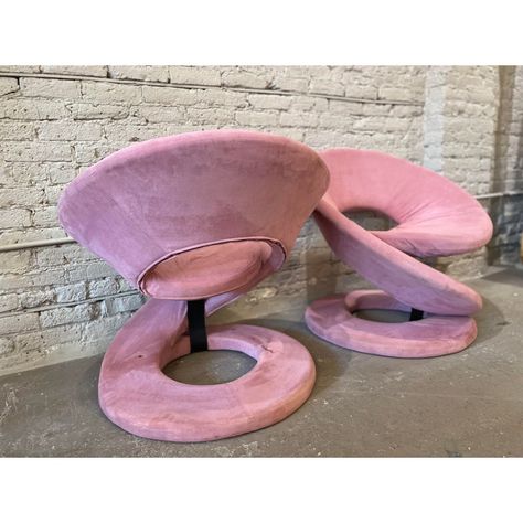 These chairs are comfortable! Who would have thought? I always assumed they were just sculptural until I finally found a pair and I am thrilled by the design. They also have good scale.   Original pink microsuede fabric (should be reupholstered). Structure is solid. The chairs are unmarked. Comfortable Space, Novelty Home Decor, Colors That Go With Pink, Y2k Home Decor, Fun Furniture, 80s Interior Design, 80s Home, 60s Furniture, Unusual Furniture