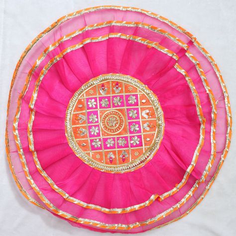 etsy shop: tissue fabric beautiful hand embroidered gota patti thali cover for pooja, religious event, karwa chauth, diwali, home décor https://etsy.me/3Rl20Ry #thalicover #poojathali #rakhithali #rumalforthali #karvachauththali #saganthali #thalicoverpooja #weddingtha Pooja Thali Cover, Thali Cover, Tissue Fabric, Thali Decoration, Thali Decoration Ideas, Crochet Edging Patterns, Religious Ceremony, Indian Festival, Wedding Crafts