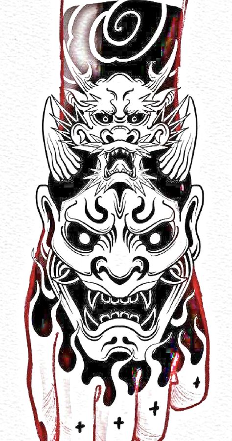 Japanese Demon Hand Tattoo, Dark Tattoo Stencil, Oni Mask Hand Tattoo, Black And Grey Japanese Tattoo, Demon Hand Tattoo, Neo Traditional Black And Grey, Dark Hand Tattoos, Blackwork Japanese Tattoo, Japanese Demon Tattoo