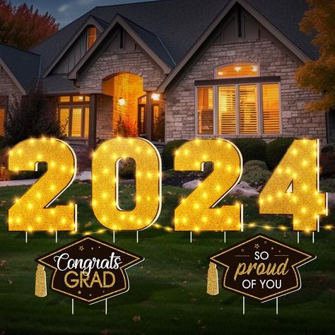 PRICES MAY VARY. Package Includes:2024 graduation yard signs set includes 4 x black and gold letter shapes of "2024", 2 x graduation caps shape with “congrats grad”, and 14 x plastic stakes for displaying.2024 letter are connected with LED copper lights inside which have 8 modes.Also there are a light remote control makes it more convenient to change the lighting of this strip remotely , adjust to the mode you like. Large size: the size of each outside 2024 graduation set for lawn decorations ar Pathway Decor, Copper Lights, Sign Decorations, Luxurious Garden, Graduation Yard Signs, Lawn Decorations, Graduation Caps, Graduation Cap Decoration, Cap Decorations