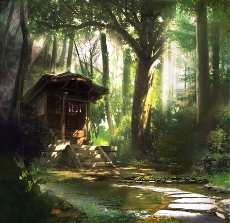 Shrine Drawing, Forest Environment, Shrine Art, Asian Forest, Japanese Forest Art, Fantasy Shrine, Fantasy Shrine Art, Japanese Shrine Concept Art, Japan Environment Concept Art