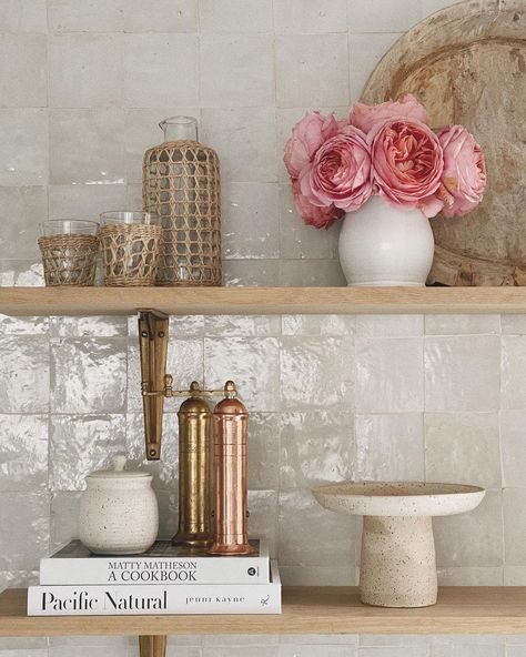 Shelves In Kitchen, Centerpiece Vase, White Kitchen Remodeling, Salt Mill, The Dinner, Tool Steel, Kitchen Tiles, Kitchen Shelves, Interior Inspo