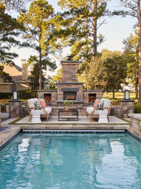 French Country Pool, Cocktail Pools Small Backyards, Country Pool, Dipping Pool, Bluffton South Carolina, Backyard Ideas For Small Yards, Dreamy Design, Small Yards, Backyard Fireplace