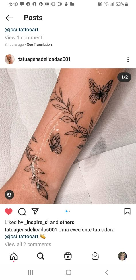 Flower Butterfly Wrap Around Tattoo, Tattoo Ideas Female Arms Butterfly, Butterfly Tattoo With Greenery, Wrap Around Vine Tattoos With Butterfly, Leaves And Butterfly Tattoo, Flower And Butterfly Wrap Around Tattoo, Moth And Vine Tattoo, Arm Wrap Tattoos For Women Butterfly, Butterfly Tattoo Wrapped Around Wrist