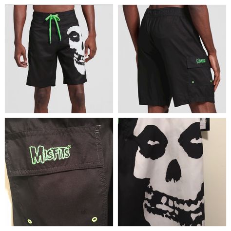 Black Swim Trunks Men, Black Functional Swim Trunks, Goth Swim Trunks, Black Swim Trunks For Poolside, Brief Cut, Misfits Skull, Goth Male, Black Swim Trunks, Skull Logo, Punk Goth