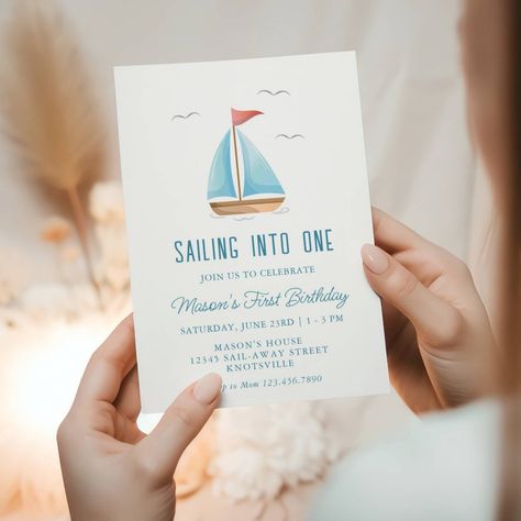 Sailing into One Nautical Birthday Sailor Themed Birthday Party, Sailing Themed Party, Boat First Birthday Party, Sailing Into One Birthday, Nautical First Birthday Boy, Birthday Boat Party Ideas, Sailboat Birthday, Nautical Birthday Invitations, Sailor Theme