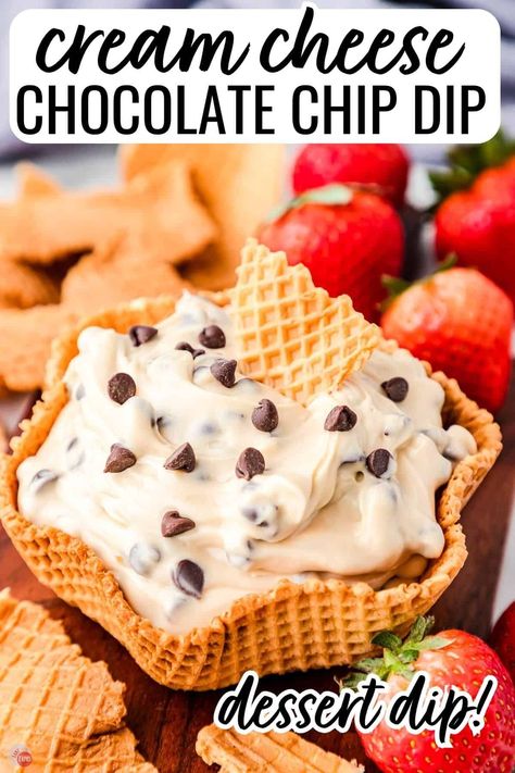 This chocolate chip cheesecake dip recipe is the best no bake dessert for any gathering. Full of a creamy cheesecake base and studded with chocolate chips. Serve it with your favorite fresh fruit and sweet crackers or cookies. #dessertdips #sweetdips #chocolatechipdip #cheesecakedip Chocolate Chip Cheesecake Dip Recipe, Chocolate Chip Dip Recipe, Sweet Crackers, Chip Dip Recipe, Cream Cheese Chocolate Chip, Cheesecake Base, Cheesecake Dip Recipe, Chip Dip Recipes, Chocolate Chip Dip