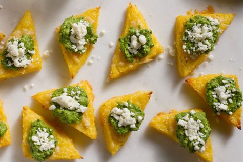 Broiled Polenta Bites with Green Harissa Recipe — Salt & Wind Travel Green Harissa, Polenta Bites, Crispy Polenta, Broth Chicken, Vegetarian Appetizer, Harissa Recipes, Feta Recipe, Italian Parsley, Lunch Catering