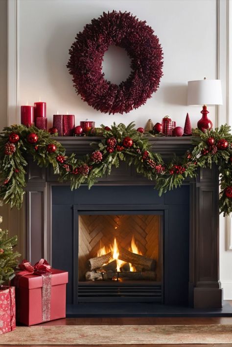 Christmas Decor Ideas Fireplace With Tv, Maroon And Gold Christmas Decor, Classic Christmas Mantle Decor, Traditional Christmas Mantle Decor Ideas, Holiday Mantel Decorating Ideas, Christmas Decor Fireplace, Fireplace Christmas Decorations, Christmas Mantle Decorations, Christmas Fireplace Decorations