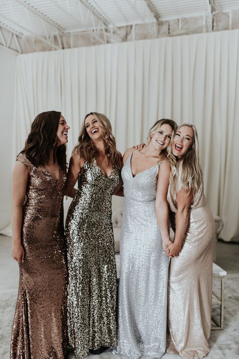 Silver Sequins and Disco Balls Made This Factory Atlanta Wedding Pure Freakin’ MAGIC Metallic Bridal Party, Boho Disco Wedding Bridesmaids, Shimmery Bridesmaid Dresses, Nye Wedding Bridesmaid Dresses, Disco Wedding Bridesmaids, Disco Wedding Outfit, Disco Bridesmaid Dresses, Disco Bridesmaids, Disco Wedding Dress