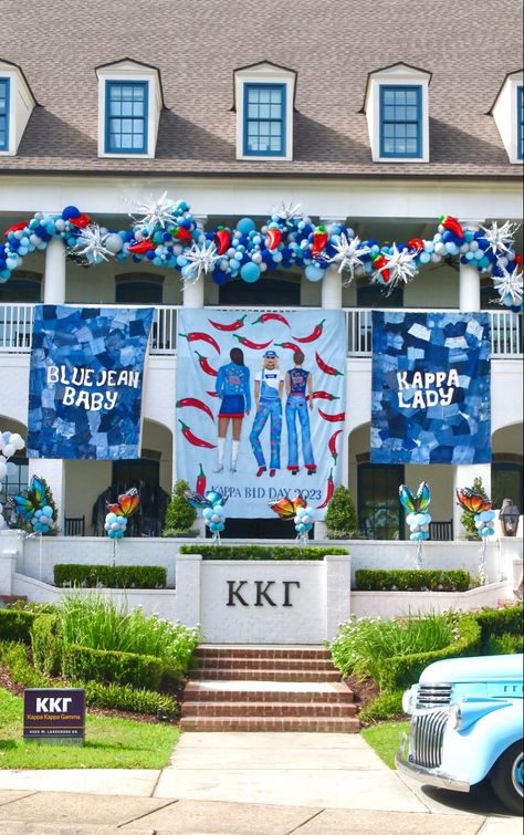 Kappa kappa gamma bid day lsu louisiana state university jean theme Kappa Bid Day Themes, Kappa Kappa Gamma Bid Day Themes, Jean Sorority Theme, Kkg Bid Day Themes, Denim Bid Day Theme, Kappa Kappa Gamma Bid Day, Sigma Kappa Bid Day, Denim Bid Day, Bid Day Signs