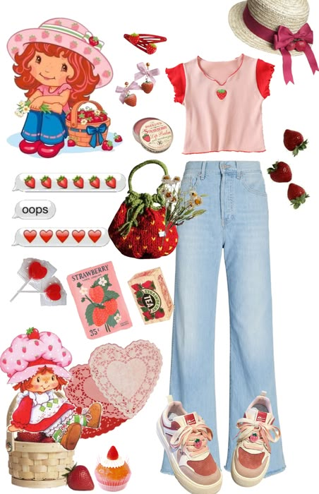 Strawberry Shortcake Theme Outfits, Strawberry Shortcake Inspo Outfit, Strawberry Shortcake Clothes Aesthetic, Strawberry Coquette Outfit, Fresa Aestethic Outfit, Strawberry Shortcake Outfit Ideas, Strawberry Shortcake Character Outfits, Strawberry Shortcake Outfits Halloween, Cute Strawberry Outfit