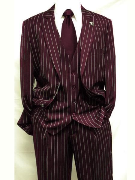 Mens Dark Burgundy ~ White Gangster Bold PinStripe Mars Vested 3 Piece Fashion Suit Pleated pant Vintage Pinstripe Suit, Devils Crossroads, 50s Suits Mens, 1920s Suit Mens, Pinstripe Suits Men, Red Pinstripe Suit, 20s Mens Fashion, 1920s Suit, Colorful Suits