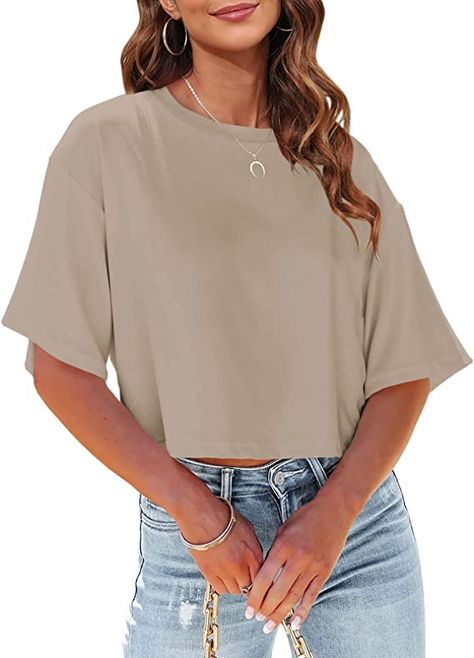 65%Cotton+30%Polyester+5%Spandex,The half sleeve t shirt is made of high quality fabric,super soft,stretchy,durable and lightweight. Casual cropped tee shirts nice for daily life,home,working,sport,party,holiday etc. Womens Oversized Tee, Loose Crop Top, Round Neck Crop Top, Oversized Tee Shirt, Y2k Tops, Stylish Women Fashion, Streetwear Summer, Crop Top Casual, Cropped Tops