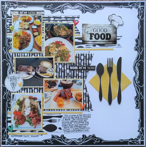 Good Food - Scrapbook.com Dinner Scrapbook Layouts, Scrapbook Cooking Page Ideas, Restaurant Scrapbook Layouts, Restaurant Scrapbook Ideas, Cooking Scrapbook Layouts, Food Scrapbook Ideas, Food Scrapbook Layouts, Cooking Scrapbook, Food Scrapbook