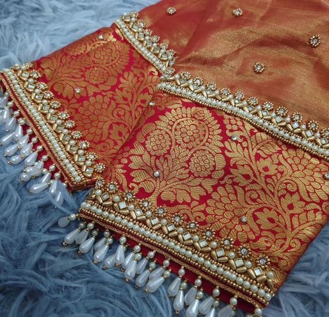 😊 Simple Bride Blouse Designs, Blouse Designs Brides Wedding, Bridal Designer Blouse, Sleeves Designs For Dresses Indian, Hanging Beads Work On Blouse Sleeve, Blouse With Hanging Beads, Bridal Blouse Aari Work Designs, Blouse Embroidery Designs Latest, Brides Jewelry Ideas