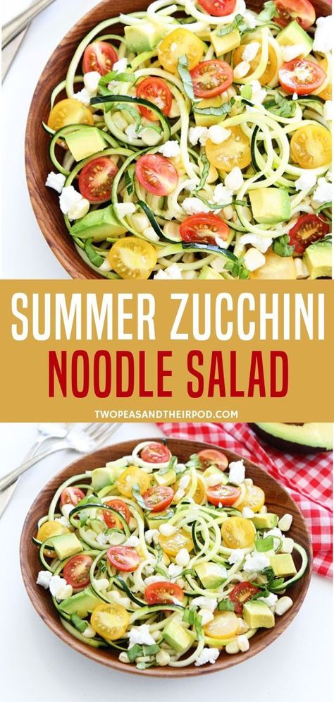 A fresh, simple and healthy zucchini noodle salad for summer! Made with tomatoes, avocado, sweet corn, goat cheese and basil, this zucchini noodles for healthy dinners is the best salad ever! Just drizzle with vinaigrette dressing and serve! Health Salad Recipes, Zucchini Noodle Salad, Best Salad Ever, Zucchini Noodles Salad, Salad For Summer, Best Salads Ever, The Best Salad, Zucchini Recipes Healthy, Zucchini Noodle