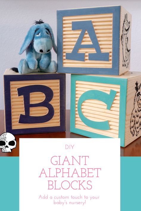 Add a custom touch to your baby's nursery with these DIY giant alphabet blocks! Customize with letters, numbers, shapes, animals...anything your kiddos enjoy! :) This DIY woodworking tutorial shows you how you can make these yourself for your home. Alphabet Blocks Diy, Diy Baby Blocks, Wooden Abc Blocks, X Carve, Wooden Alphabet Blocks, Giant Letters, Cardboard Letters, Abc Blocks, Woodworking Tutorials