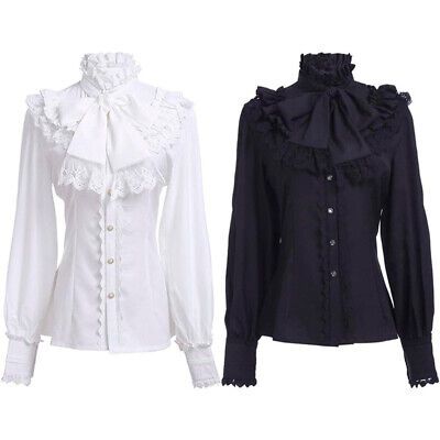 Top Rated Victorian Blouse Womens Gothic Lolita Shirt Vintage Long Sleeve Lotus Ruffle Top, Womens Tops Black Victorian Blouse, Frilly Button Up Shirt, Japanese Victorian Fashion, White Button Up Shirt Outfit, Goth Blouse, Vampire Victorian, Victorian Outfit, Victorian Outfits, Ruffles Shirt