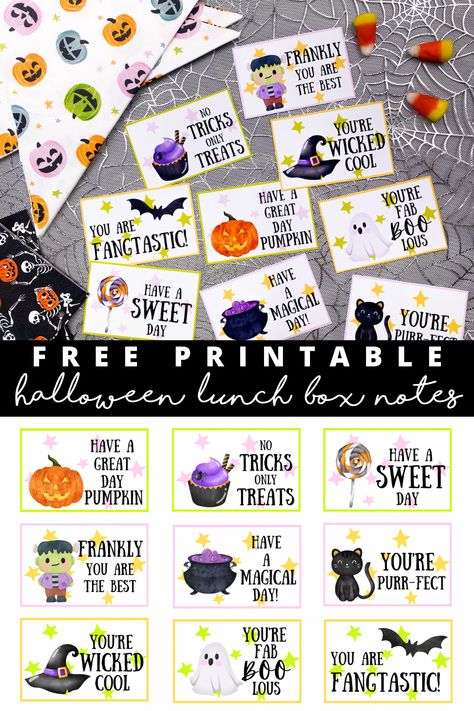 Halloween Lunch Box Notes Free Printable - Sprinkled with Paper Halloween Lunch Box Notes, Lunch Notes For Kids, School Lunch Notes, Printable Lunch Notes, Kids School Lunches, Halloween Lunch Box, Printable Lunch Box Notes, Halloween Lunch, Halloween Napkins