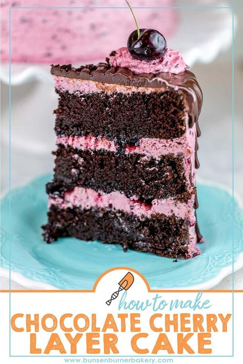 Savor the delightful combination of chocolate and cherry in this scrumptious cake. With three layers of moist goodness, a sweet cherry filling, and a decadent chocolate ganache, it's a true treat. Chocolate Cherry Cake Recipe, 4 Layer Cake, Cherry Buttercream, Cherry Chocolate Cake, Best Moist Chocolate Cake, Cherry Frosting, Mint Chocolate Cheesecake, Chocolate Cherry Cake, Bunsen Burner