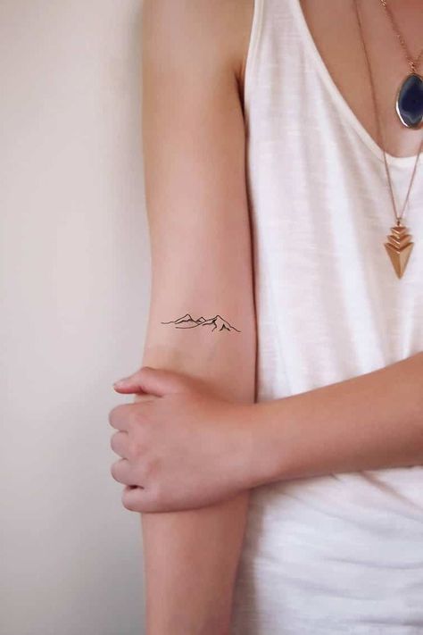 Small Tattoo Designs For Women, Moutain Tattoos, Natur Tattoo Arm, Small Mountain Tattoo, Matching Bff Tattoos, Bohemian Tattoo, Bike Tattoos, Finger Tattoo Designs, Small Tattoos With Meaning