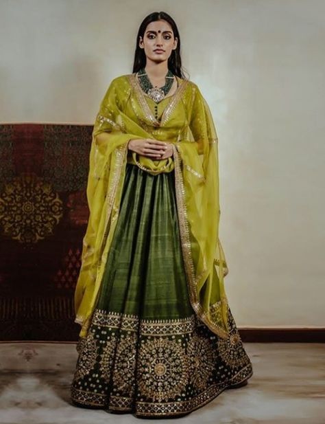 Green Chaniya Choli, Artsy Prints, Lime Green Blouse, Chaniya Choli Designs, Olive Green Fabric, Indian Outfits Lehenga, Navratri Chaniya Choli, Lehnga Dress, Indian Bride Outfits