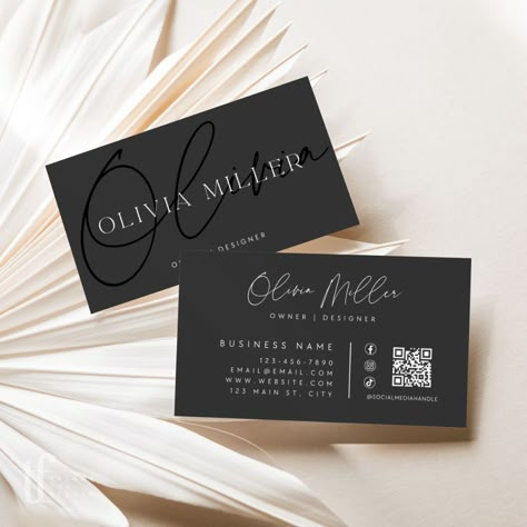 Create your own modern minimal black business card in minutes. This boho feminine business card template is the perfect blend of elegance and bohemian charm for the modern entrepreneur! Ideal for a variety of businesses, our elegant card design ensures you make a lasting impression.  Add your own QR code or use Canva t Pastor Business Card Design, Business Cards For Fashion Designers, Hair Stylist Cards Business, Wax Business Card, Beauty Cards Business, Business Card Fashion Designer, Finance Business Card, Bartending Business Cards, Business Card Esthetician