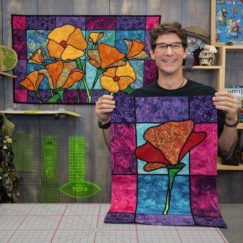 Traditional Stained Glass Appliqué - Man Sewing Stained Glass Quilt Block Patterns Free, Stained Glass Fabric Patterns, Stained Glass Quilts Ideas, Stained Glass Quilt Patterns Free, Stained Glass Quilts, Stained Glass Quilt Pattern, Stained Glass Quilt Patterns, Glass Applique, Applique Quilts Tutorial