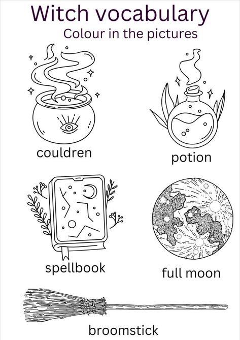 A free, printable witch-themed colouring page for Halloween. A fun activity for more advanced young ESL/EFL students. Fun English Worksheets, Fun Printable Activities, Story Activities, Children Learning, Colouring Page, Word Searches, Printable Activities For Kids, Phonics Worksheets, Halloween Magic