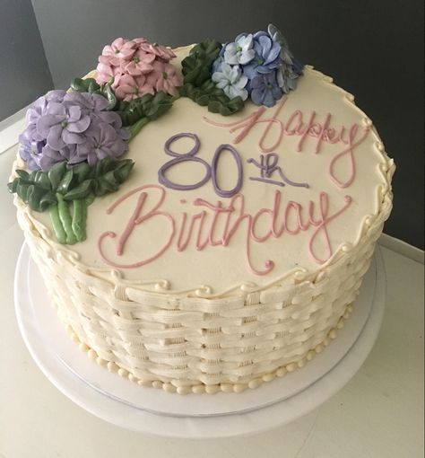 Buttercream, hydrangea, basket weave, pastels, birthday, milestone Hydrangea Birthday Cake, Buttercream Hydrangea, Hydrangea Basket, Basket Weave Cake, Hydrangea Cake, 80 Birthday Cake, Moms Birthday, Birthday Milestone, Buttercream Flowers