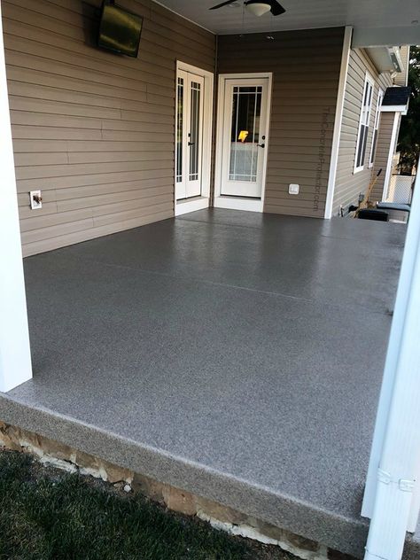 Concrete Porch Design, Front Porch Floor Ideas, Graniflex Patio, Painted Cement Patio, Concrete Refinishing, Paint Concrete Patio, Concrete Floor Coatings, Concrete Patio Makeover, Storage Outdoor